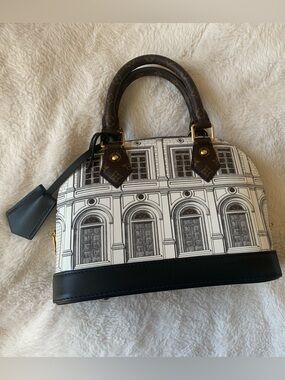 New Louis Vuitton x Fornasetti Calfskin Architettura Alma BB Handbag White Black